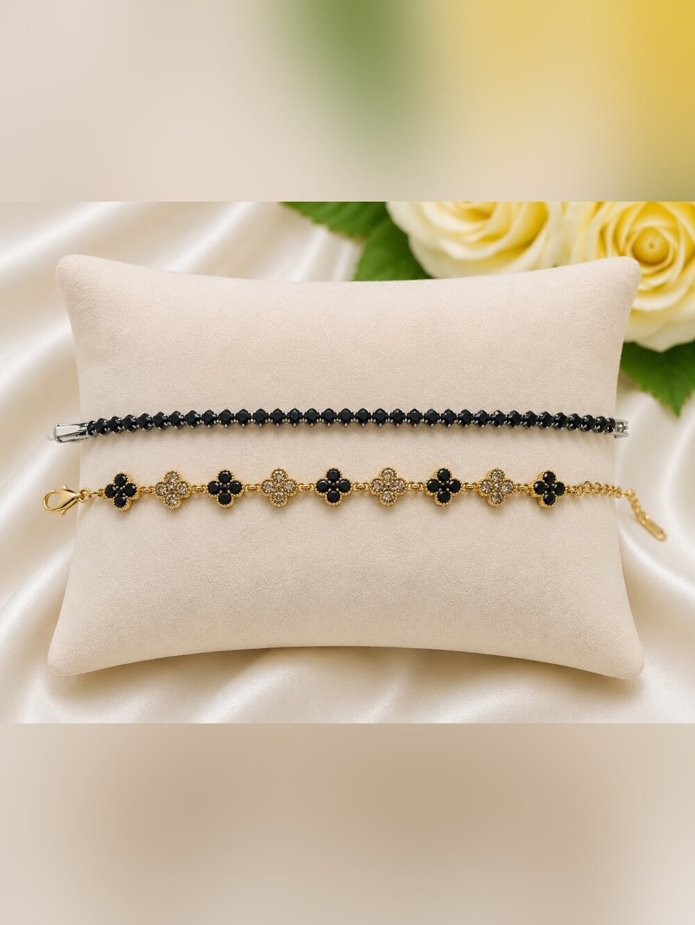 Silver Tone Tennis Bracelet & Gold Tone Clover Bracelet Set